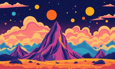 Fototapeta premium Vibrant Surreal Landscape with Colorful Mountains and Cosmic Sky Featuring Abstract Celestial Bodies and Lush Terrain in a Dreamlike Fantasy World