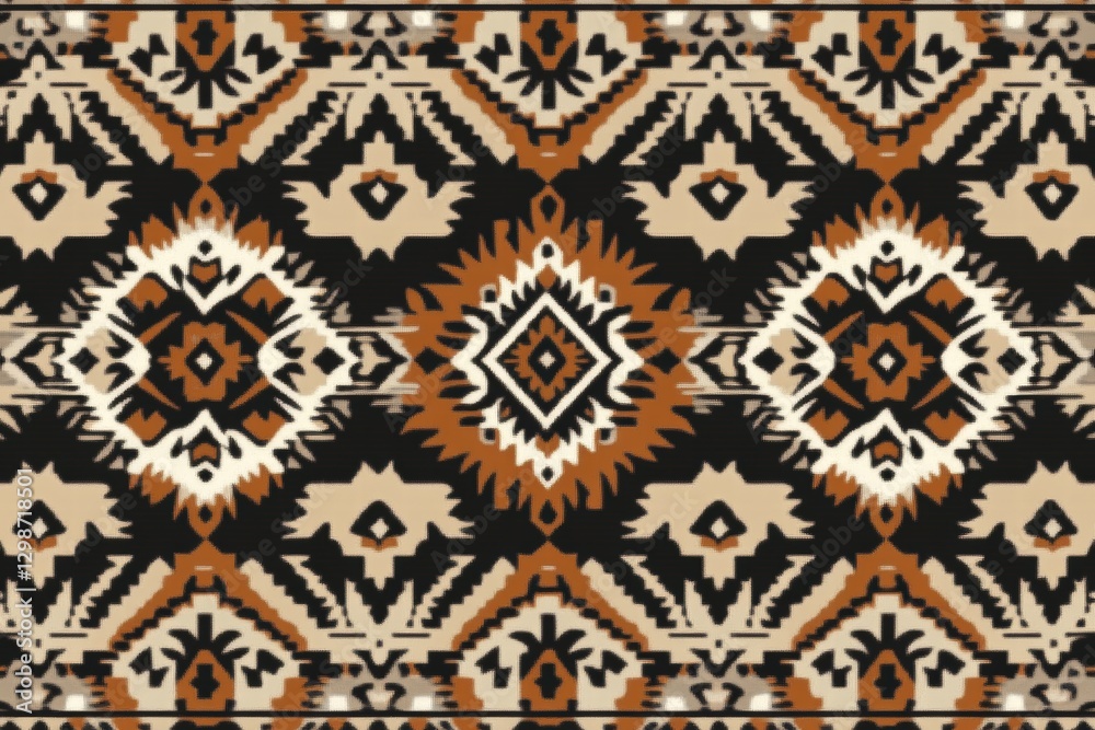 Poster intricate textile pattern showcases bold colors and geometric designs in traditional fabric art. gen