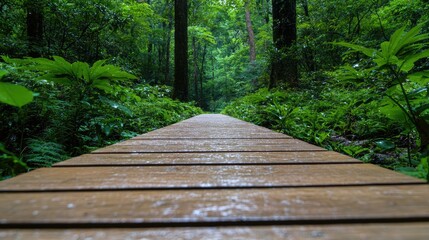 Fototapeta premium Wet wooden boardwalk leads into a lush green forest during a peaceful rainy day.