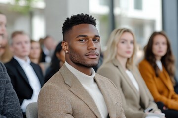 A stylishly dressed young man sits attentively during a fashion event, surrounded by a diverse audience, showcasing modern fashion trends and engagement in the scene.