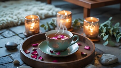 A relaxing spa-inspired setting with a cup of herbal tea, scented candles, and a cozy atmosphere