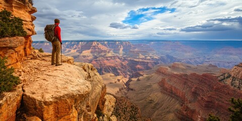 Hiker overlooking majestic Grand Canyon landscape at sunset with dramatic clouds and vibrant rock formations