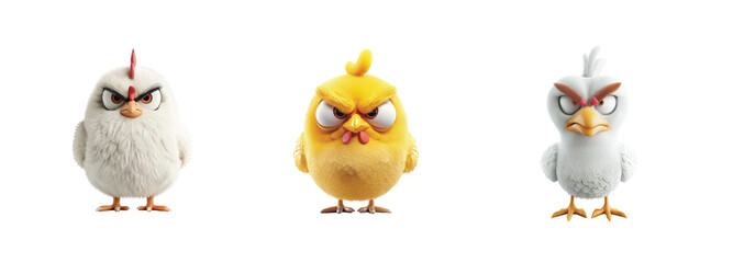Cute angry cartoon birds with fluffy feathers and colorful expressions standing together