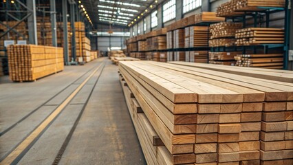 Processed spruce wood boards neatly stacked in an industrial setting, awaiting distribution and use in construction and woodworking