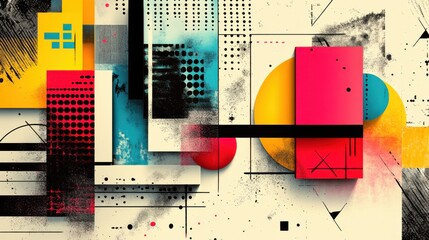 Abstract geometric designs with vibrant postmodern symbols and deconstructed shapes, ideal for high-tech prints and poster art