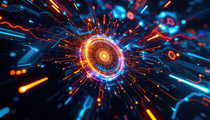 Abstract Digital Technology Background with Glowing Lines and Circle