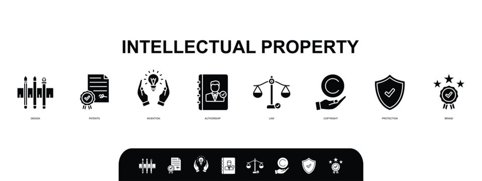 Intellectual property banner web icon set vector illustration concept with icons of design, patents, invention, authorship, law, copyright, protection, brand icons symbol template background