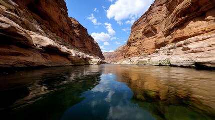 Tranquil river valley views. tranquil river valley with narrow canyon, reflecting blue skies and rocky cliffs