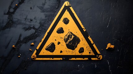 A dynamic falling rocks warning sign with rock icons, symbolizing safety, caution, and hazard prevention in outdoor settings