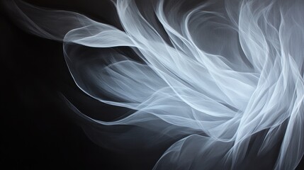 Obraz premium Wisps of white smoke swirling gracefully on a black background, abstract texture for creative projects and artistic designs, ethereal flowing patterns.