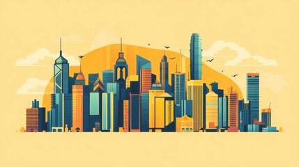 Obraz premium Colorful Urban Skyline Illustration with Stylized Buildings and Sun