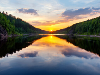 Tranquil river valley views. serene river valley at sunset, reflecting golden hour light on calm waters