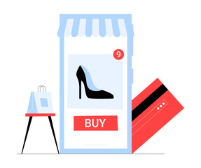 Online Shoe Shopping On Mobile Storefront In Flat Vector Illustration Symbolizing E Commerce, Digital Retail, And Footwear Purchase, Isolated On White Background