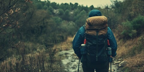 Adventurous hiker navigating a rugged trail in a forest during a cloudy day