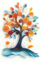 Fototapeta premium Floral curls and rolls from quilling paper Colorful quilled tree design with flowing patterns.