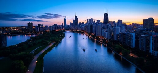 Fototapeta premium Cityscape at sunset, lakefront path, boaters, urban background