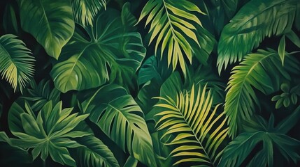 Tropical leaves background with green palm fronds, exotic foliage for home decor, interior design, nature themes, and botanical illustrations.
