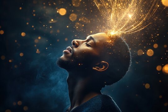 creative mind, man with light bursting from head