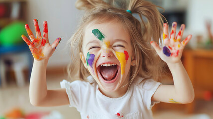 Happy child showing painted hands and face, smiling and having fun