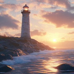 A lonely lighthouse standing tall on a rocky shore, waves crashing against the base, golden-hour lighting, cinematic composition, ultra-detailed high-resolution textures. 