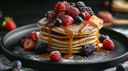 Delicious Pancakes with Fresh Berries and Caramel on Black Plate - Gourmet Breakfast Photography
