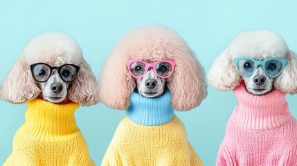 Obraz premium Three cute poodles wearing colorful sweaters and glasses against a blue background, showcasing trendy pet fashion and playful dog accessories in studio setting.