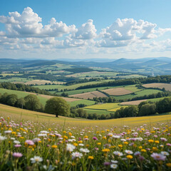 Fototapeta premium Scenic rural landscape featuring rolling hills and blooming flower fields under a bright sky