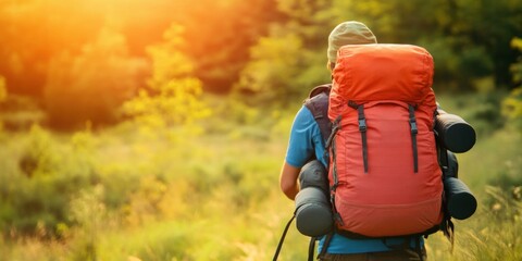 Hiker exploring a scenic trail during golden hour in a lush green forest