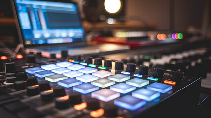 A MIDI controller with illuminated pads sits in a music studio, surrounded by synthesizers and a laptop. Ideal for music production, beat-making, and electronic music creation in a professional setup.