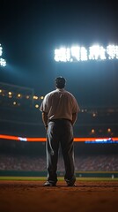 A baseball umpire standing on the field looking towards the stadium lights