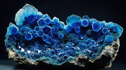 Stunning Blue Mineral Formation with Hexagonal Crystals and Luster