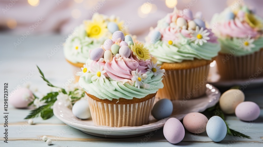 Sticker Easter cupcakes with frosting, sprinkles, and eggs, photo-realistic style, on a pastel background, concept of celebration