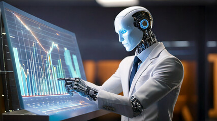an AI robot analyzing a chart display. The robot is dressed in a lab coat, suggesting technological analysis and data driven solutions. The robot interacts with the graphical interface.
