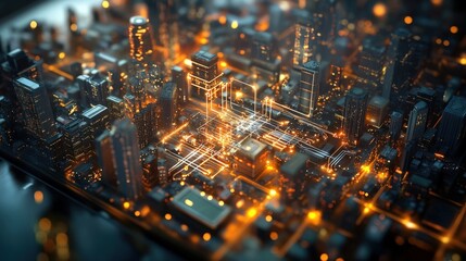 futuristic city at night with glowing data network