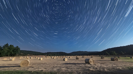 open field with hay bales under a celestial display of swirling star trails 