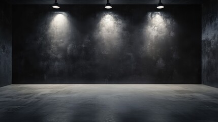 Empty modern studio space with dramatic lighting, minimalist design, clean wall, concrete floor, creative backdrop for photography or video production.