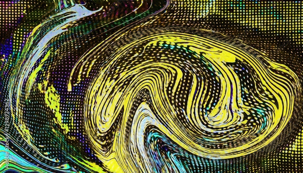 Poster psychedelic digital swirl with halftone pattern and vibrant yellow waves, abstract fluid motion for futuristic design and art

