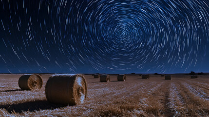 open field with hay bales under a celestial display of swirling star trails 