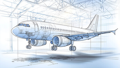 Airplane design blueprints suspended in mid air in industrial setting