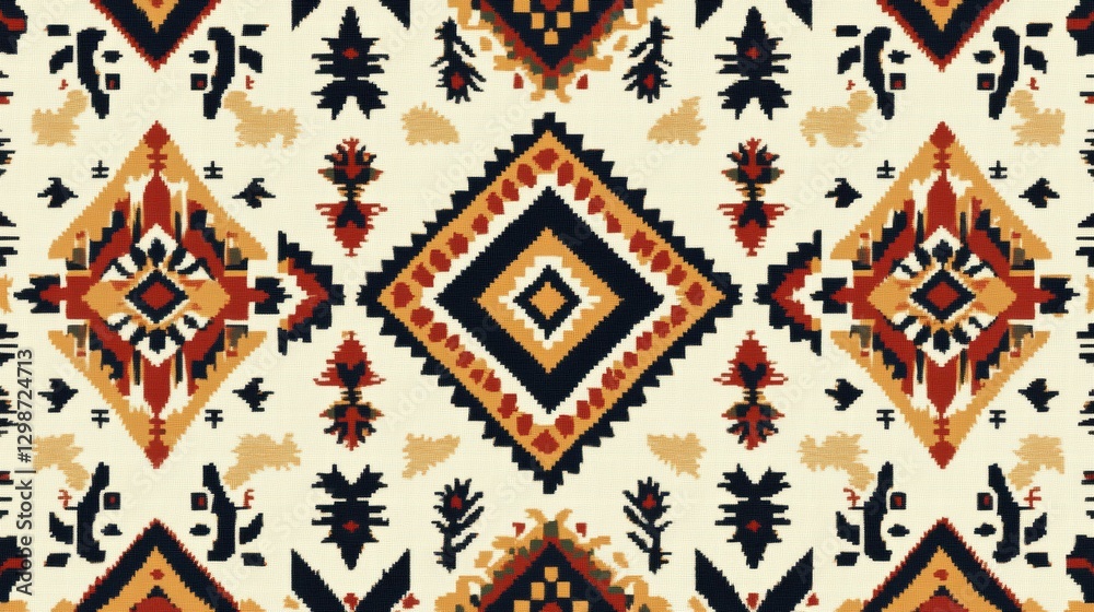 Poster colorful textile pattern featuring geometric designs and natural motifs in warm hues. generative ai