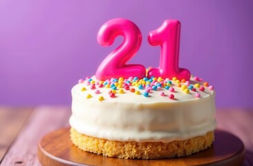 Birthday cake with pink number 21 and confetti sprinkles