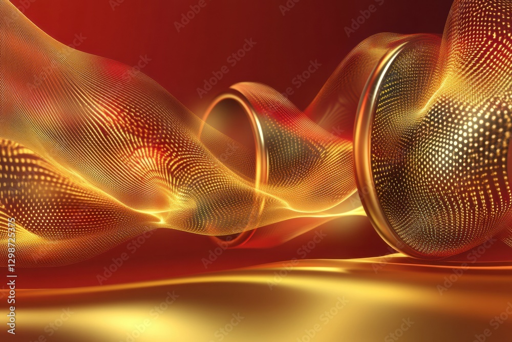 Poster 3D speakers emitting light waves in a captivating blend of red and gold colors within a dynamic soundscape. Generative AI