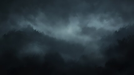 Obraz premium Dark stormy sky over dense forest landscape with ominous clouds and moody atmosphere creating a dramatic backdrop for nature and weather imagery.