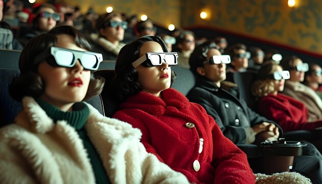 Cinema experience 3d movie watching vintage theater audience engagement retro atmosphere front view entertainment culture