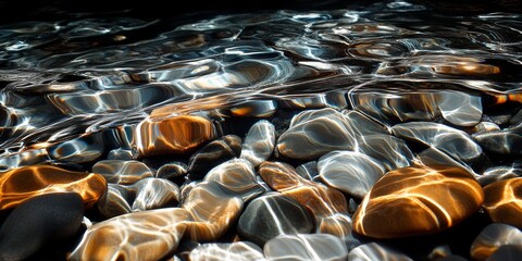 Obraz premium Clear stream flows gently over smooth pebbles under dappled sunlight. Generative AI
