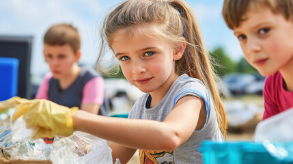 Young volunteers collecting plastic bottles for recycling in a sunny day