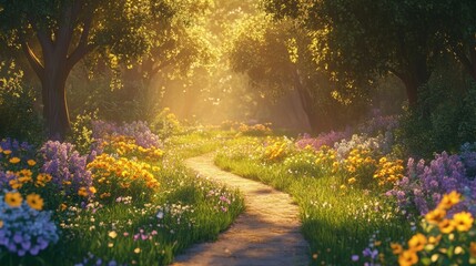 Obraz premium sunlit path through a spring garden