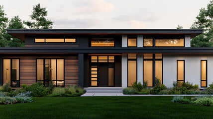 Obraz premium Modern eco friendly smart home with large windows and lush landscaping, showcasing blend of natural materials and contemporary design