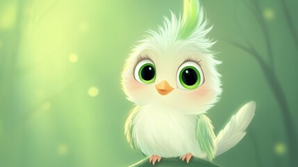 Fototapeta premium Cute cartoon bird character with big eyes and fluffy feathers in a whimsical forest setting, ideal for childrens book covers and animated projects.
