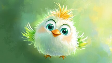 Fototapeta premium Cute cartoon bird character with big eyes and colorful feathers flying in a vibrant green landscape, perfect for childrens media and nature themes.